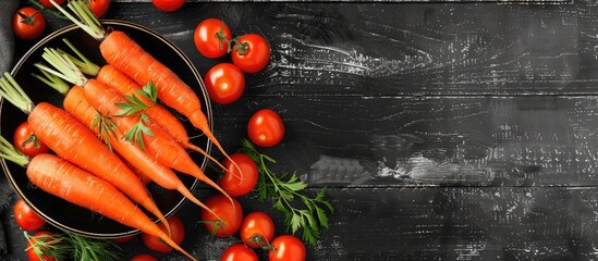 A black wooden background showcasing a bowl filled with fresh carrots and tomatoes