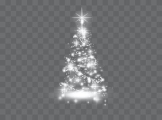 Christmas tree on transparent background. Golden tree as a symbol of happy new year, merry holiday. Golden light