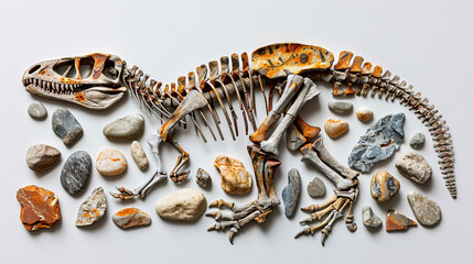 Fototapeta premium Fossil and bone typography, with letters formed by dinosaur skeletons and rocks on a white background