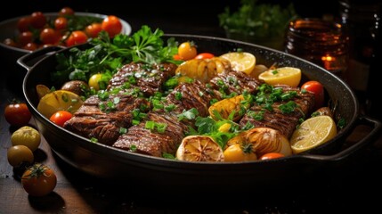 delicious pot roast meat with black and blur background