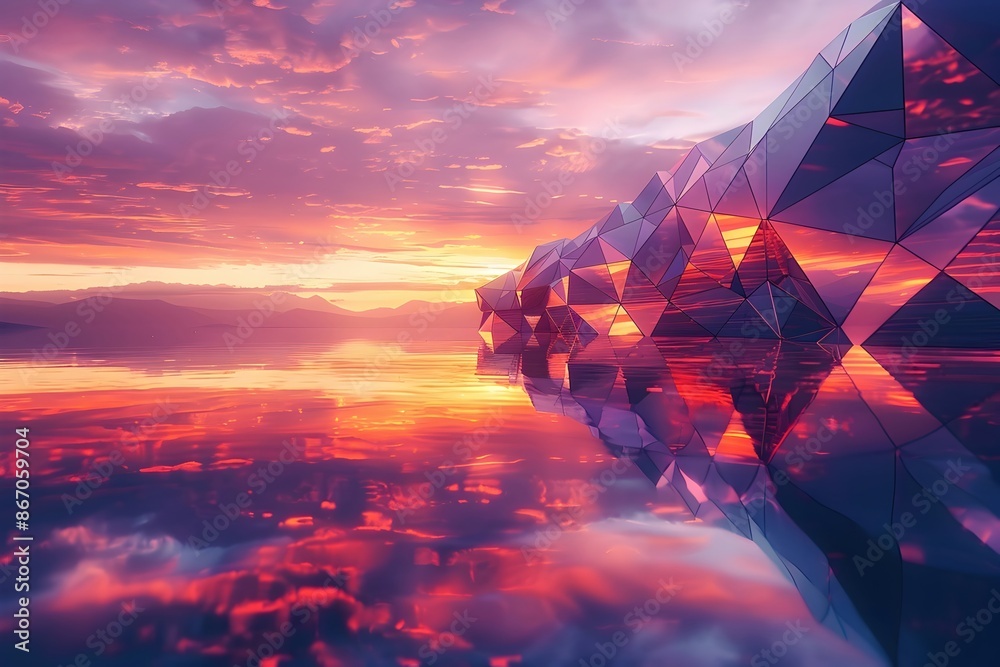 Canvas Prints Mesmerizing Polygonal Structures Reflecting Dramatic Sunset Over Serene Lake