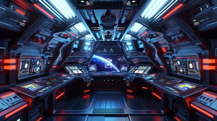 Futuristic spaceship interior with high-tech controls and lighting