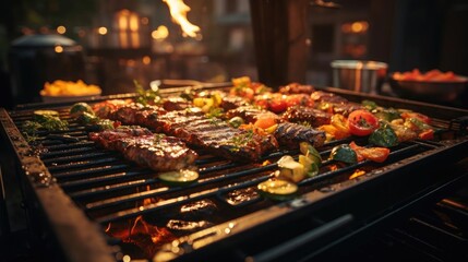 Realistic grilled barbeque with melted barbeque sauce and cut vegetables, black and blur background