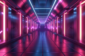 Futuristic Neon Corridor. A Vibrant, Empty Hallway with Glowing Lights. Perfect for Cyberpunk, Gaming, or Sci-Fi Projects