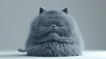 Fluffy gray cat sitting in a yoga pose, with copy space text for animals, pets, and cute