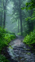 Obraz premium Serene Rainy Forest Trail with Vibrant Greenery and Misty Atmosphere