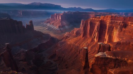 A remote canyon with towering red rock formations, illuminated by the soft light of dawn.