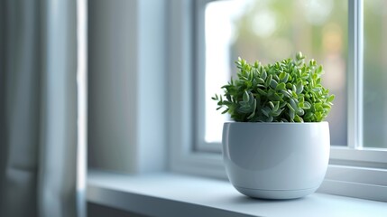 Fototapeta premium Fresh herbs in a pot, like basil or thyme, on a windowsill for home cooking