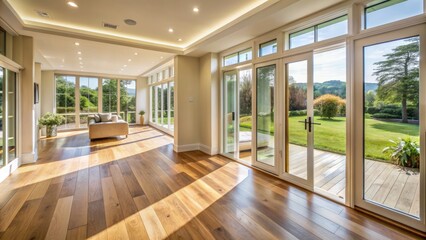 Fototapeta premium Bright and airy living room corridor featuring light oak flooring, matching door carpentry, and expansive windows with stunning outdoor views.