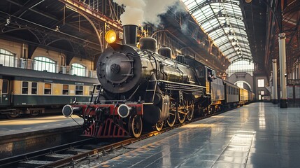 A vintage black steam locomotive sits puffing in a historic railway station © Kopgz-41