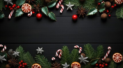 happy Christmas background with the concept of plants and Christmas ornaments on a black background