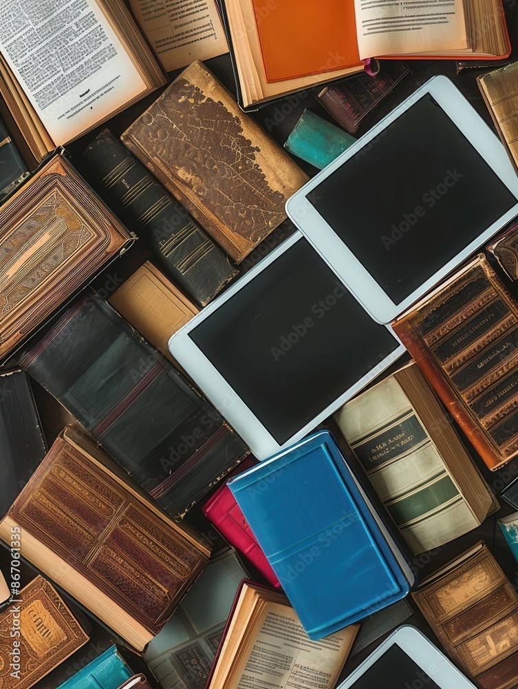 Poster a collection of old books and modern tablets, representing traditional and digital learning. generat