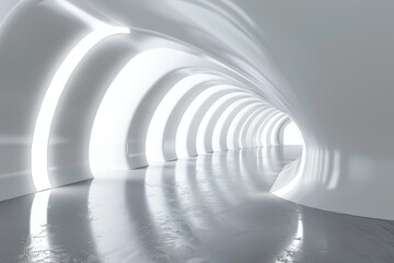 Futuristic white tunnel interior with glowing light panels. Concept for modern architecture, design, technology, and innovation.