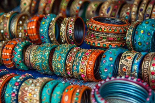 Brightly colored indian bangles are stacked high, creating a vibrant display of traditional jewelry