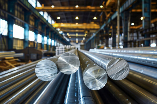 Close up of metal rods in a factory, with copy space text for industrial, manufacturing, and metal