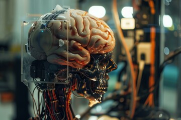 Cyborg showing artificial intelligence with exposed brain is illuminated with warm light in laboratory
