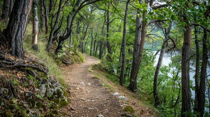 Fototapeta premium Hiking path through forested backdrop