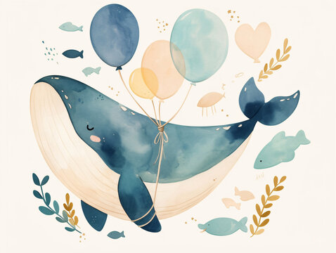 Watercolor illustration of a blue whale with balloons and fish, with copy space text for children's book, nursery decor, and birthday party