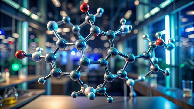 Molecular structure of dissociative ketamine on a dark blurred laboratory background with formula C13H16ClNO, 3D illustration banner design