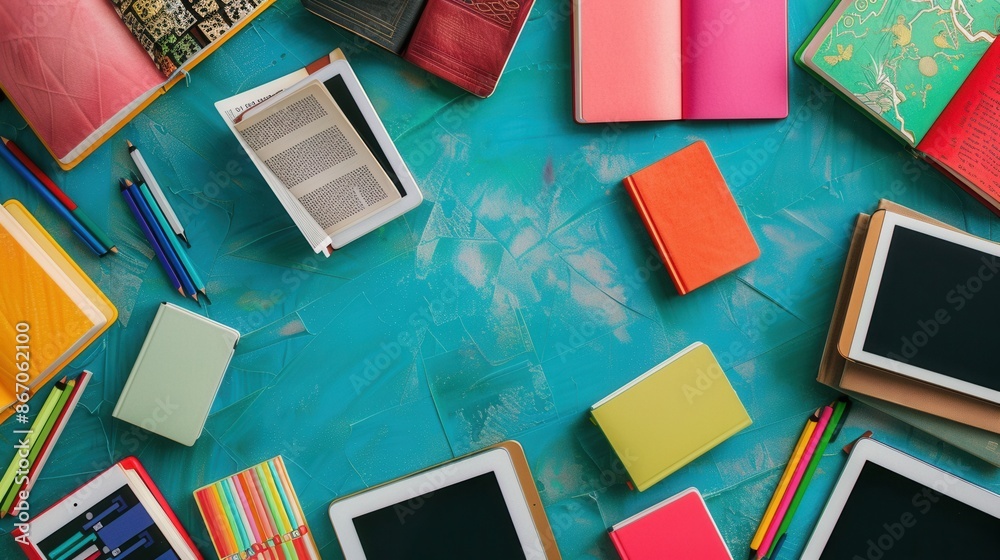 Aufkleber a top-down view of various tablets and e-readers displaying educational materials, highlighting the 