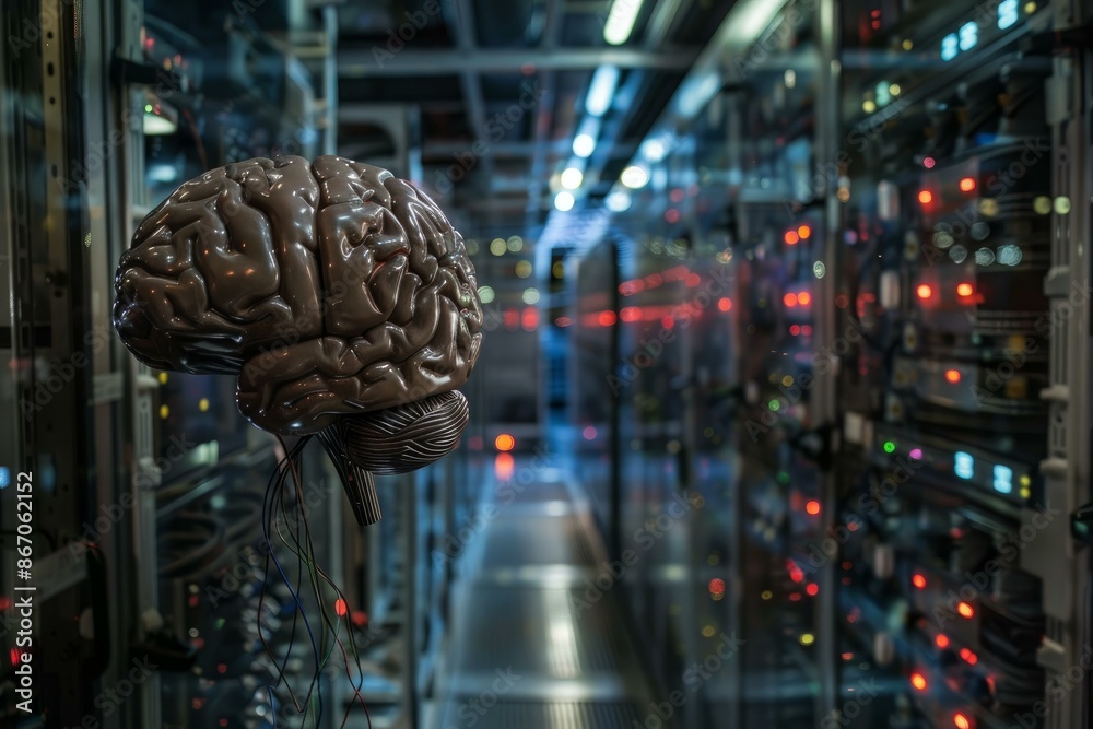 Poster 3d rendering of a human brain being connected to a network of servers in a dark datacenter, symboliz