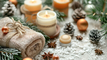Christmas Spa Concept. Scented Candles, Towel, Pine Cones, and Festive Decorations for Holiday Relaxation