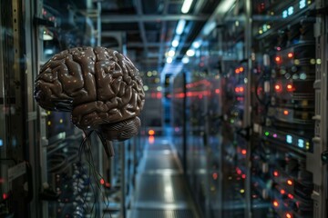 3d rendering of a human brain being connected to a network of servers in a dark datacenter, symbolizing artificial intelligence