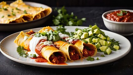 Authentic Mexican Culinary Harmony, A Plate of Enchiladas, Guacamole, and Salsa
