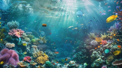 Obraz premium A mesmerizing underwater scene featuring a thriving coral reef teeming with colorful fish and marine life. Generative AI
