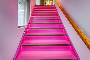 Scandinavian stairs in bright fuchsia, featuring integrated lighting and natural wood finishes