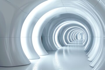 Fototapeta premium Futuristic white tunnel with glowing lights, concept of innovation, technology, future, and design