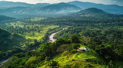 Fototapeta premium A scenic campsite on a hilltop overlooking a lush, green valley with a river winding through it and a forested mountain range in the background.