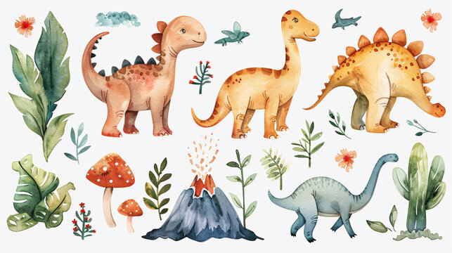 Hand-painted watercolor dinosaurs having fun in the water, with a focus on bright and cheerful design