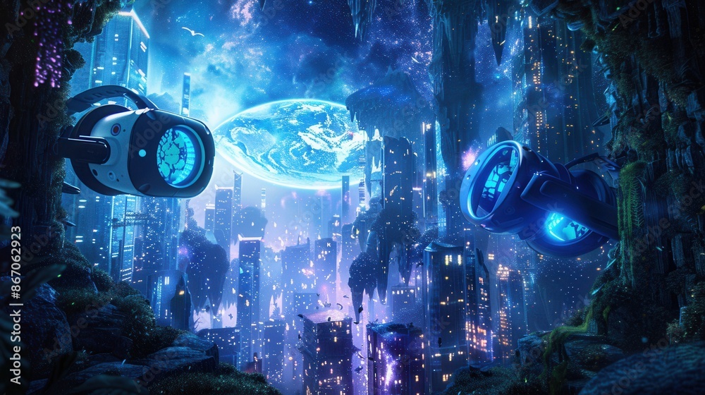 Poster Virtual reality headsets and augmented reality glasses are displayed against a breathtaking backdrop of a futuristic digital world. Generative AI