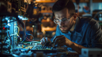  A young man wearing safety glasses intently soldering a circuit board in a workshop, surrounded by electronic components and tools