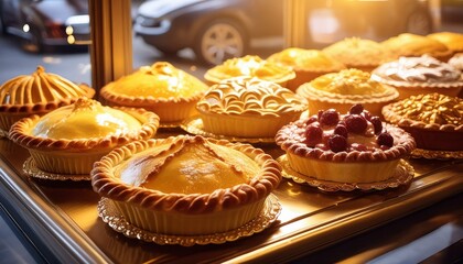 Variety of pies in a display window for sale; delicious, tasty gourmet pastries close up with selective focus