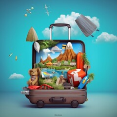 Time to travel concept. Open travel suitcase with famous world tourist destination. 3D illustration on isolated background