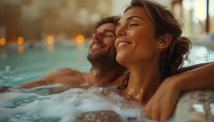 A man and woman couple soak in a hot spring to relax.
