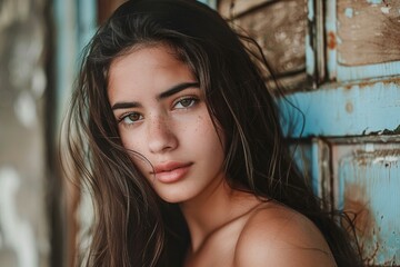 Fototapeta premium Beautiful young hispanic woman with freckles and long dark hair is posing near a rustic blue wall