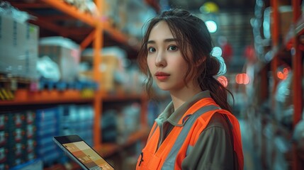 Warehouse Worker Using Digital Tablet in Inventory Management - Generative AI