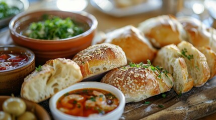 A variety of fresh crusty breads and rolls perfect for dipping into the rich broth of the seafood soup.