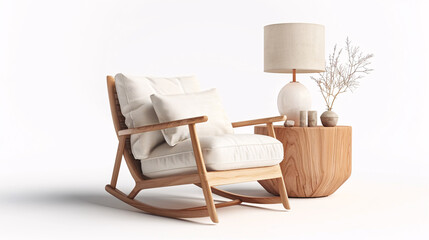 Modern interior design elements like a rocking chair and a bedside table with a lamp, isolated on white
