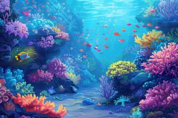 Fototapeta premium A captivating underwater scene showcasing a vibrant coral reef teeming with colorful fish and sea creatures, ideal for diving centers and marine aquariums. Generative AI