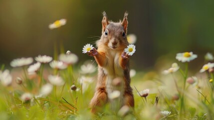 Obraz premium a cute little squirrel stood behind him in a bed of daisies