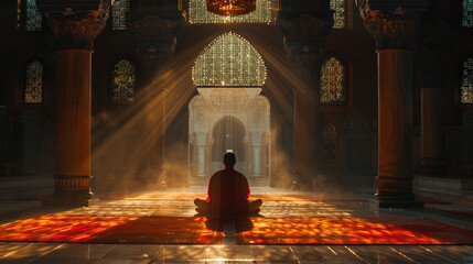 Buddhist Monk Meditating with Sun Rays Streaming Through