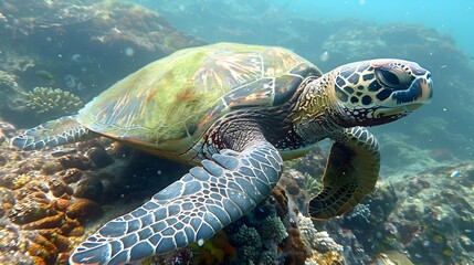 Fototapeta premium An endangered Hawaiian Green Sea Turtle cruises in the warm waters of the Pacific Ocean in Hawaii. 