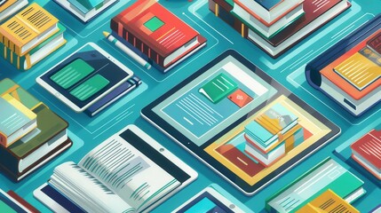 Colorful tablets and e-readers displaying educational materials and digital textbooks. Modern learning technology for online schools and e-book publishers. Generative AI