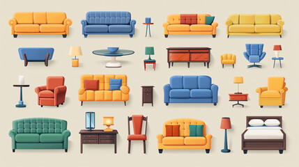 Set of flat icons representing different types of furniture including sofas, chairs, and beds