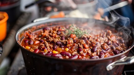 A pot of steaming aromatic chili made with a blend of ground wild game and beans.