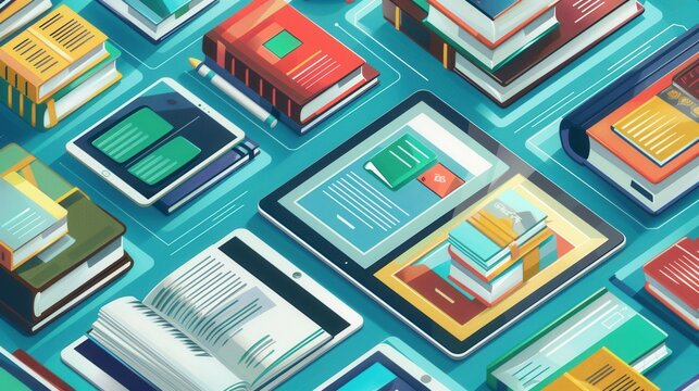 Colorful tablets and e-readers displaying educational materials and digital textbooks. Modern learning technology for online schools and e-book publishers. Generative AI